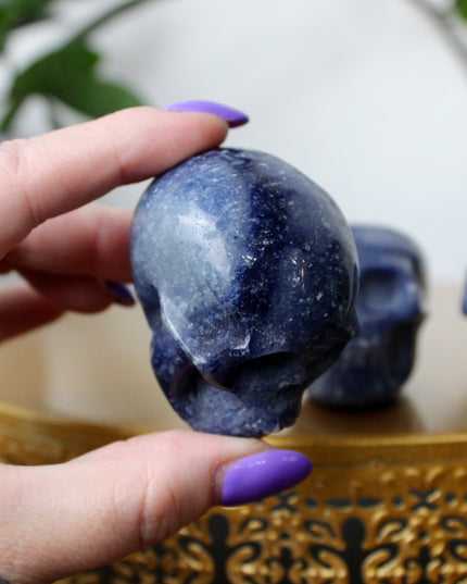 This 2.5" Blue Aventurine Skull is expertly hand-carved from natural gemstone, showcasing rich blue tones and intricate detailing. Each piece is polished to a smooth finish, making it a striking addition to any space. Due to the natural material, each skull is one of a kind, with unique patterns and shading.