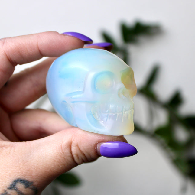 Opalite Skull – 2.5″ Hand-Carved Iridescent Glass Skull, Polished Decor Piece or Unique Gift - EC Plugs