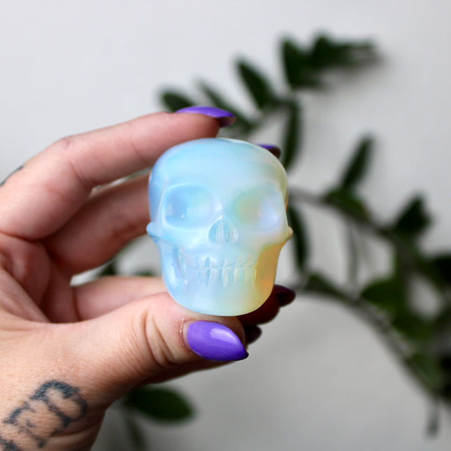 Opalite Skull – 2.5″ Hand-Carved Iridescent Glass Skull, Polished Decor Piece or Unique Gift - EC Plugs