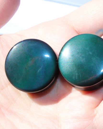 Rainbow Obsidian Double Flare Plugs – Natural Black Stone Ear Gauges with Subtle Color