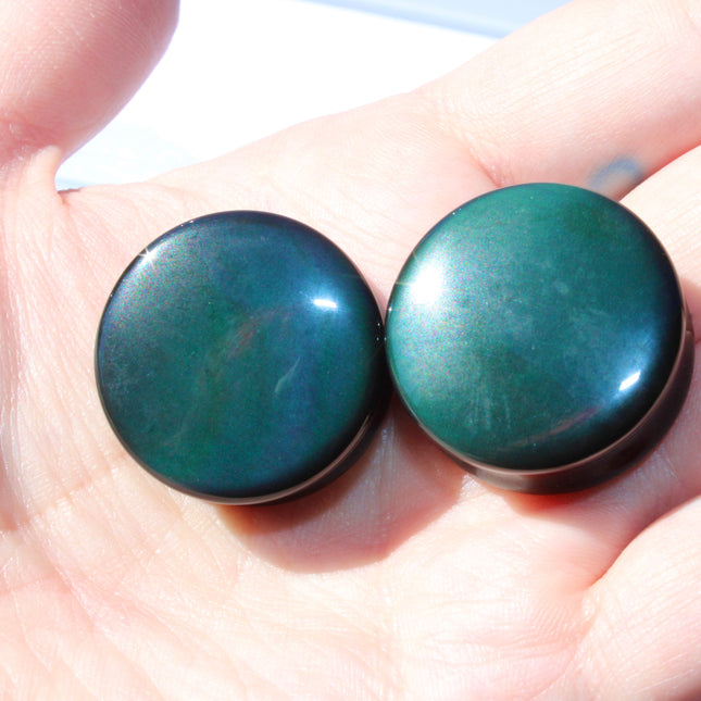 Rainbow Obsidian Double Flare Plugs – Natural Black Stone Ear Gauges with Subtle Color