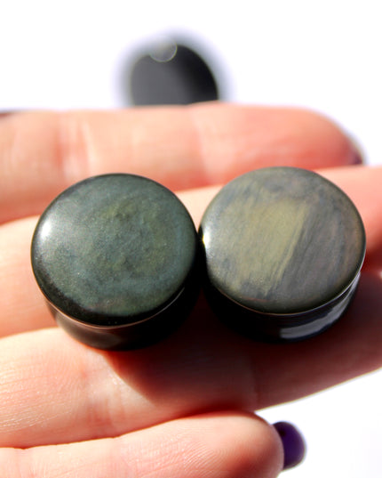 Rainbow Obsidian Double Flare Plugs – Natural Black Stone Ear Gauges with Subtle Color