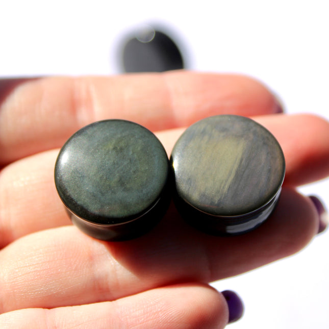 Rainbow Obsidian Double Flare Plugs – Natural Black Stone Ear Gauges with Subtle Color