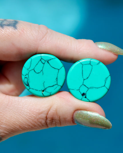 Turquoise Howlite Plugs - Gauges PAIR - Turquoise Blue and Black Gauges Marbled Color - EC Plugs