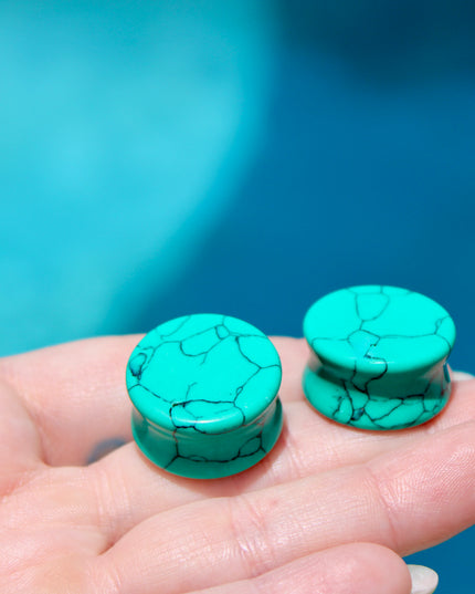 Turquoise Howlite Plugs - Gauges PAIR - Turquoise Blue and Black Gauges Marbled Color - EC Plugs