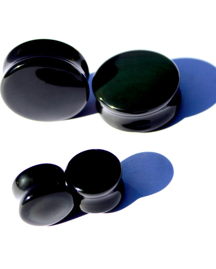 Rainbow Obsidian Double Flare Plugs – Natural Black Stone Ear Gauges with Subtle Color