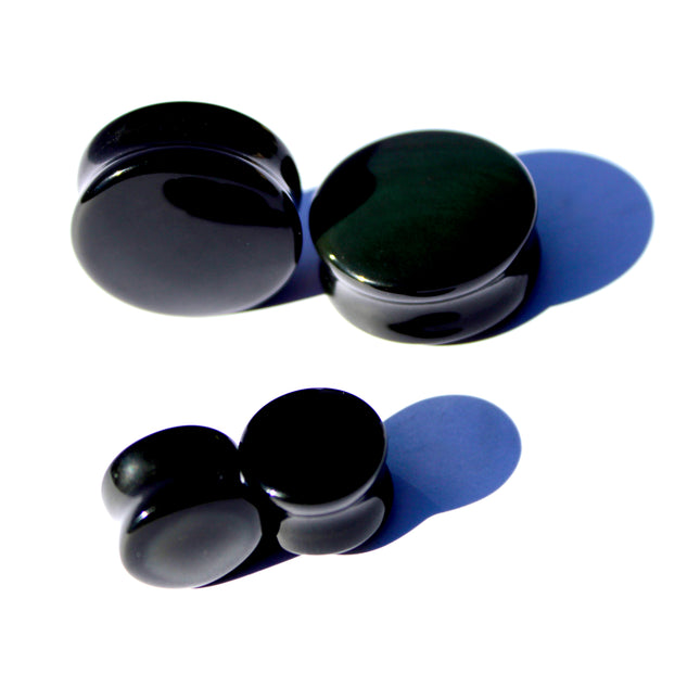 Rainbow Obsidian Double Flare Plugs – Natural Black Stone Ear Gauges with Subtle Color
