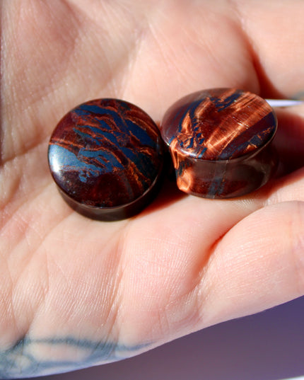 Red Tiger Eye Double Flare Stone Plugs Pair Red and Silver Gauges 3mm-25mm