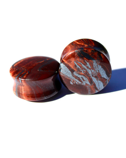 Red Tiger Eye Double Flare Stone Plugs Pair Red and Silver Gauges 3mm-25mm
