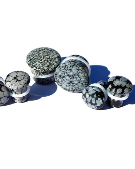 Snowflake Obsidian Black and Gray Single Flared Stone Plugs Pair 3mm-20mm