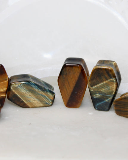 Tigers Eye Coffin Plugs Double Flare Stone Gauges Pair 8mm-25mm