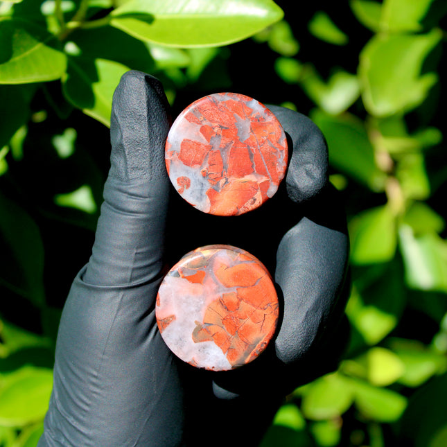 Brecciated Jasper Stone Plugs – Double Flare Natural Ear Gauges (Pair), Red & Black Plugs