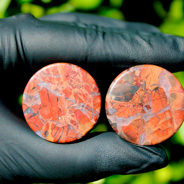 Brecciated Jasper Stone Plugs – Double Flare Natural Ear Gauges (Pair), Red & Black Plugs