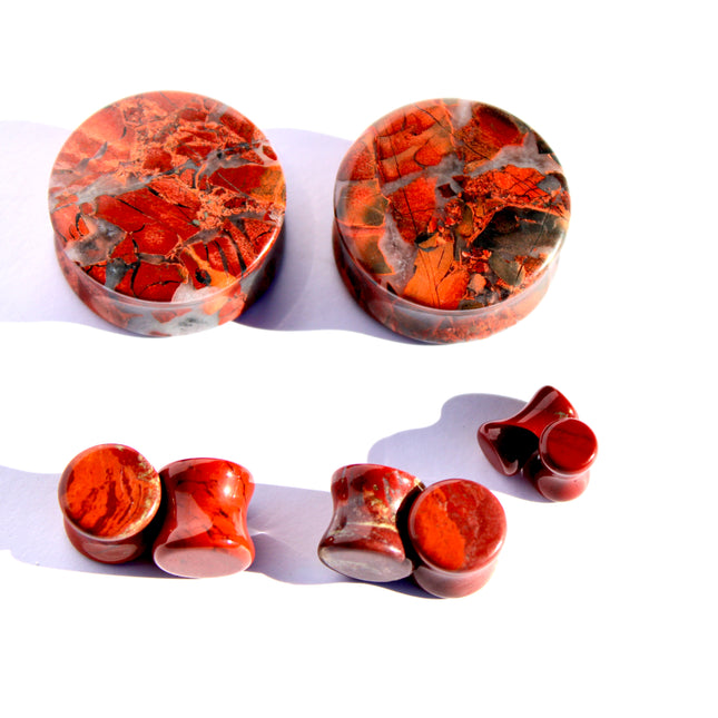 Brecciated Jasper Stone Plugs – Double Flare Natural Ear Gauges (Pair), Red & Black Plugs