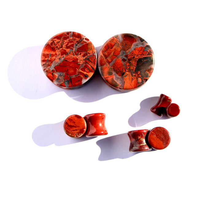 Brecciated Jasper Stone Plugs – Double Flare Natural Ear Gauges (Pair), Red & Black Plugs