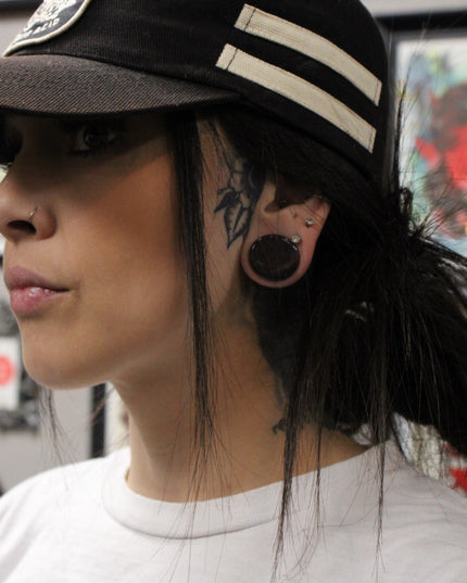 Unique Natural Hematite Black/Red Double Flared Plugs Pair One of a Kind - EC Plugs