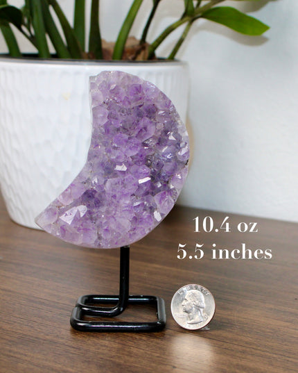 Amethyst Moon with Stand – Natural Geode Druzy Crystal Decor for Healing, Meditation & Moon Lovers - EC Plugs