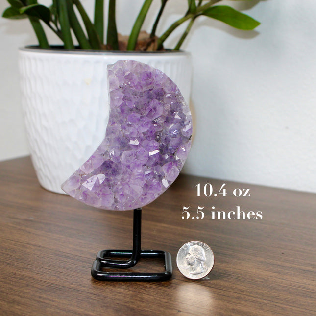 Amethyst Moon with Stand – Natural Geode Druzy Crystal Decor for Healing, Meditation & Moon Lovers - EC Plugs