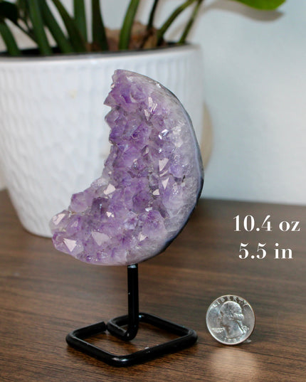 Amethyst Moon with Stand – Natural Geode Druzy Crystal Decor for Healing, Meditation & Moon Lovers - EC Plugs