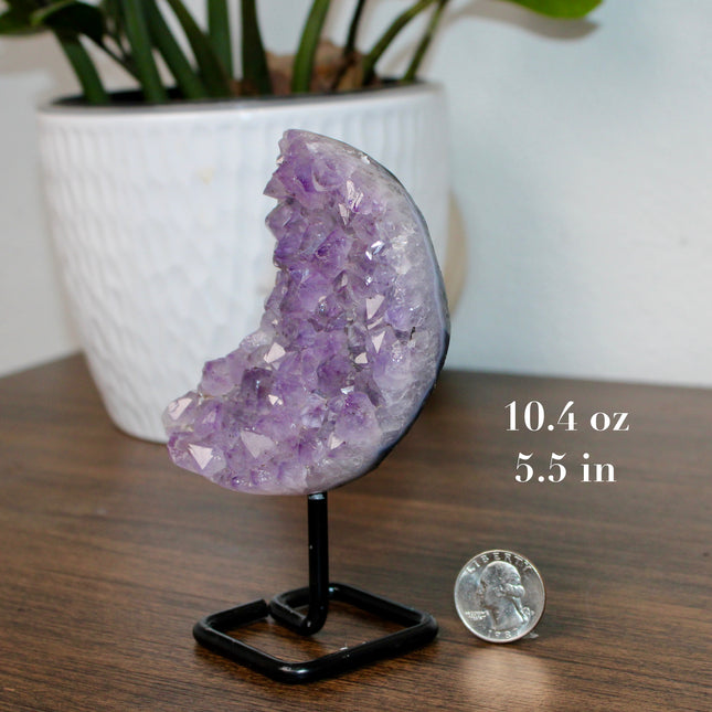 Amethyst Moon with Stand – Natural Geode Druzy Crystal Decor for Healing, Meditation & Moon Lovers - EC Plugs