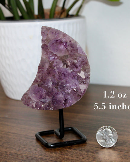 Amethyst Moon with Stand – Natural Geode Druzy Crystal Decor for Healing, Meditation & Moon Lovers - EC Plugs