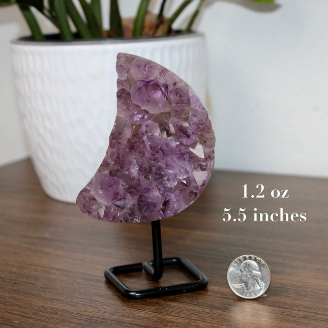 Amethyst Moon with Stand – Natural Geode Druzy Crystal Decor for Healing, Meditation & Moon Lovers - EC Plugs