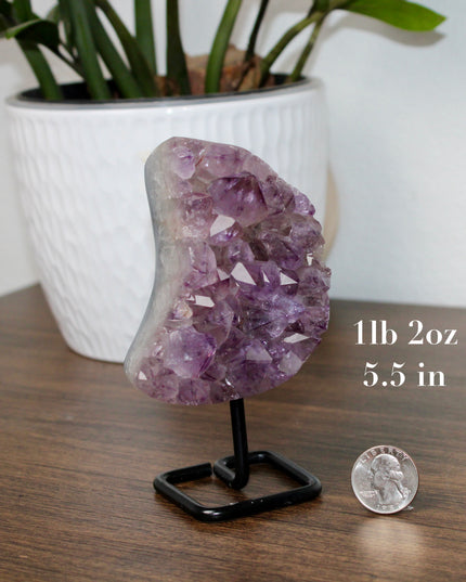 Amethyst Moon with Stand – Natural Geode Druzy Crystal Decor for Healing, Meditation & Moon Lovers - EC Plugs