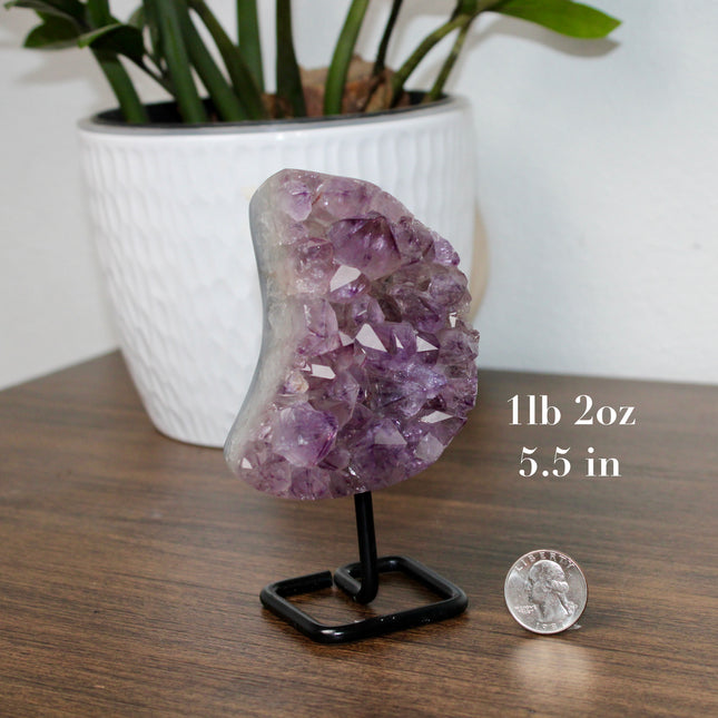 Amethyst Moon with Stand – Natural Geode Druzy Crystal Decor for Healing, Meditation & Moon Lovers - EC Plugs