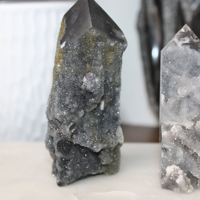 Sphalerite Druzy Tower – 4" Crystal Point, Sparkling Display Stone, Unique Gift - EC Plugs