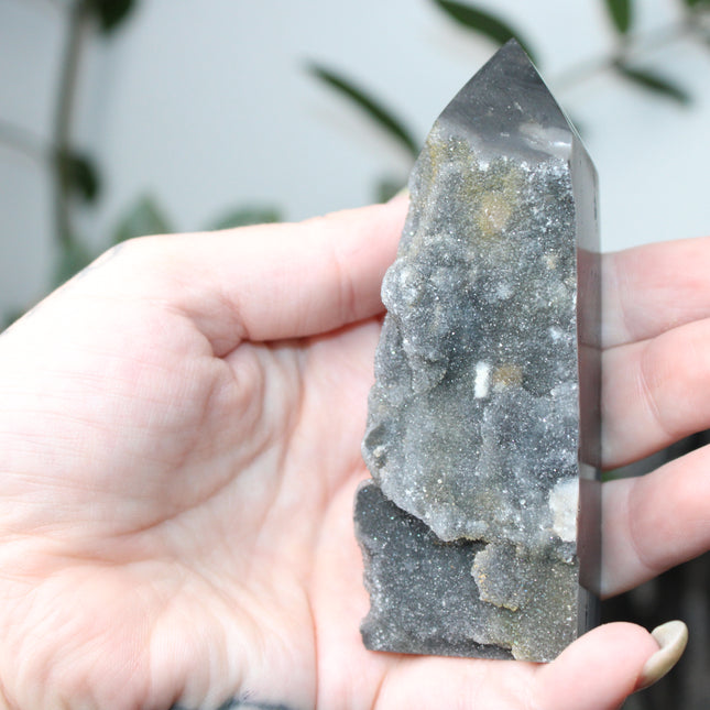 Sphalerite Druzy Tower – 4" Crystal Point, Sparkling Display Stone, Unique Gift - EC Plugs