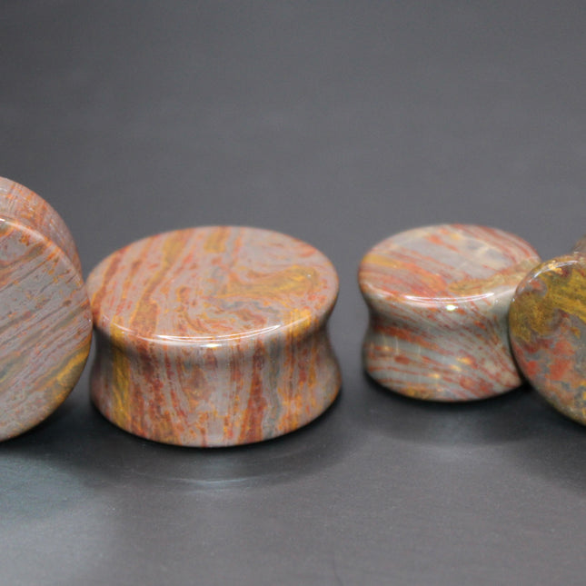 Wood Line Jasper Double Flared Plugs - Wood Appearance Stone Gauge PAIR
