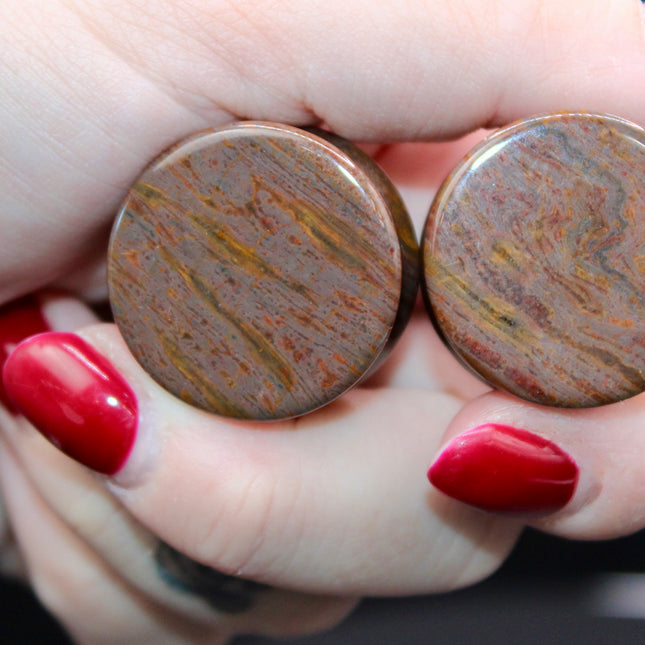 Wood Line Jasper Double Flared Plugs - Wood Appearance Stone Gauge PAIR