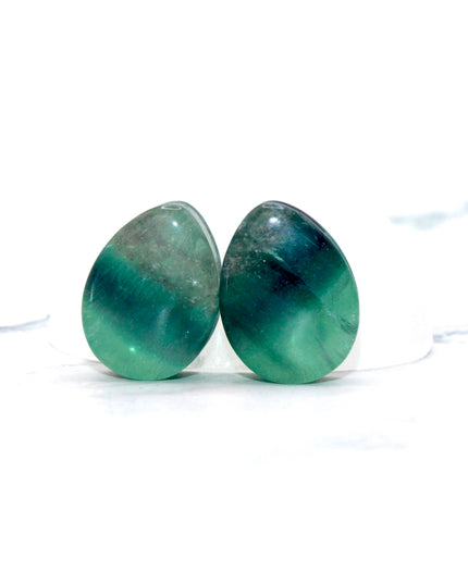Rainbow Teardrop Fluorite Stone Plugs Colorful Blue, Green, Purple Natural Gauges Pair 6mm-32mm