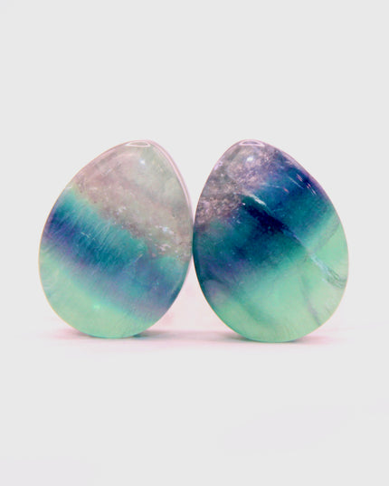 Rainbow Teardrop Fluorite Stone Plugs Colorful Blue, Green, Purple Natural Gauges Pair 6mm-32mm