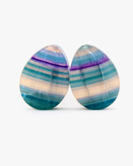 Rainbow Teardrop Fluorite Stone Plugs Colorful Blue, Green, Purple Natural Gauges Pair 6mm-32mm