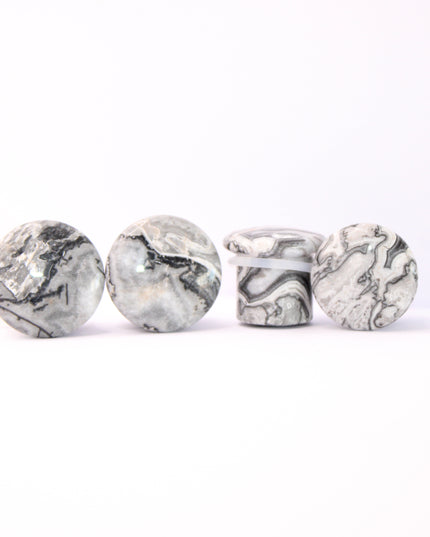 Wave Jasper Single Flared Plugs Pair - Gray and White Marbled Gauges