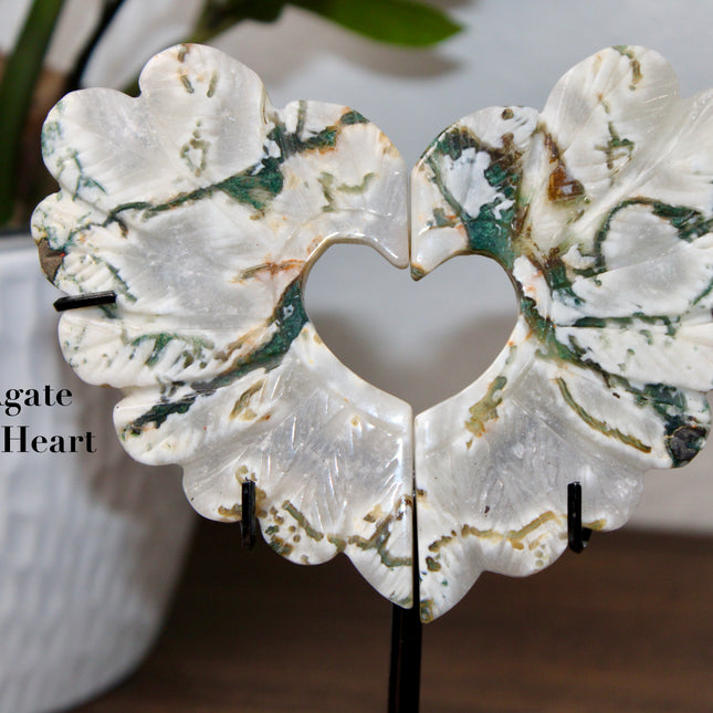 Bring nature’s elegance into your space with this one-of-a-kind Moss Agate Heart Feather Carving on Stand. Each piece is intricately carved into a heart-shaped feather design, capturing soft, organic curves that symbolize both love and lightness. Made from genuine Moss Agate, these carvings showcase lush, forest-like inclusions of deep green within a translucent to milky white base—every piece with its own unique pattern, just like nature intended.