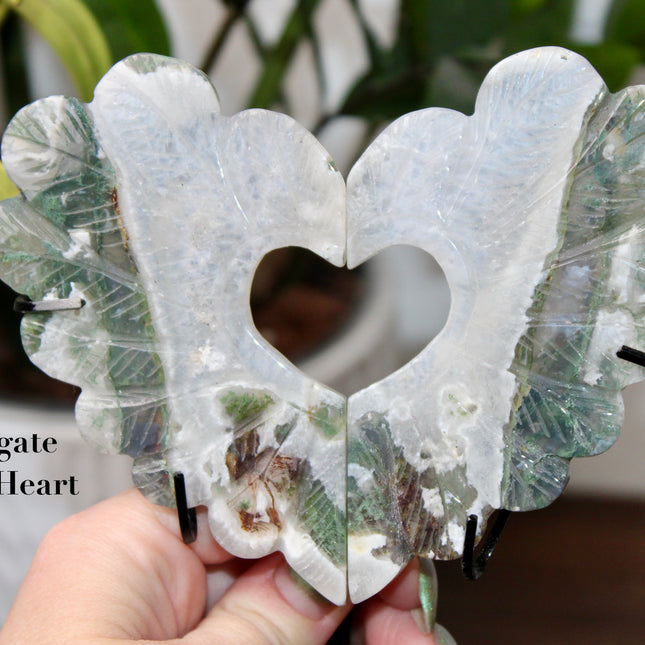 Bring nature’s elegance into your space with this one-of-a-kind Moss Agate Heart Feather Carving on Stand. Each piece is intricately carved into a heart-shaped feather design, capturing soft, organic curves that symbolize both love and lightness. Made from genuine Moss Agate, these carvings showcase lush, forest-like inclusions of deep green within a translucent to milky white base—every piece with its own unique pattern, just like nature intended.