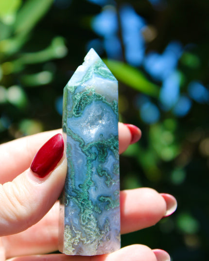 Moss agate tower 4 inch