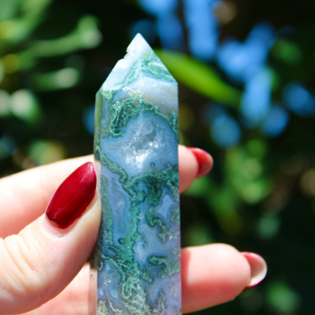 Moss agate tower 4 inch