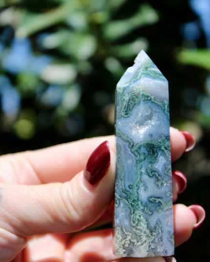 Moss agate tower 4 inches