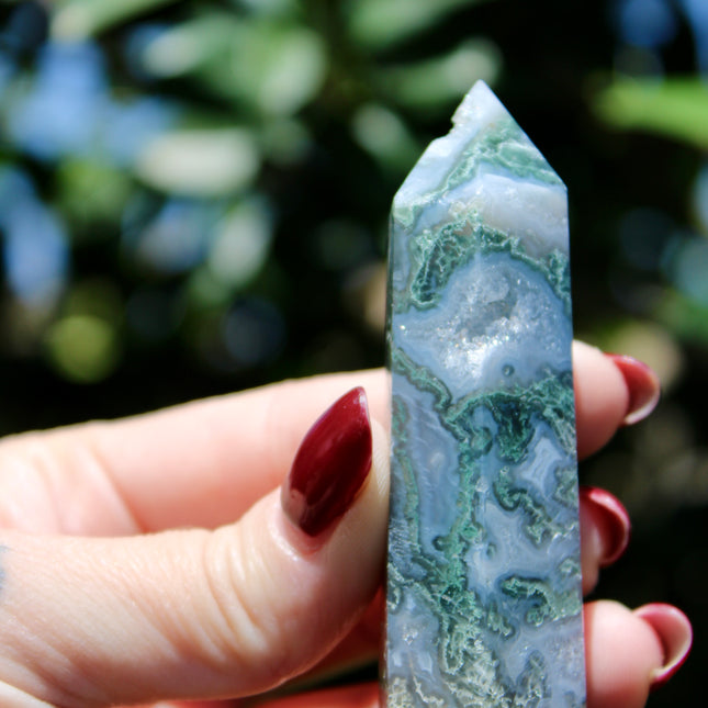 Moss agate tower 4 inches