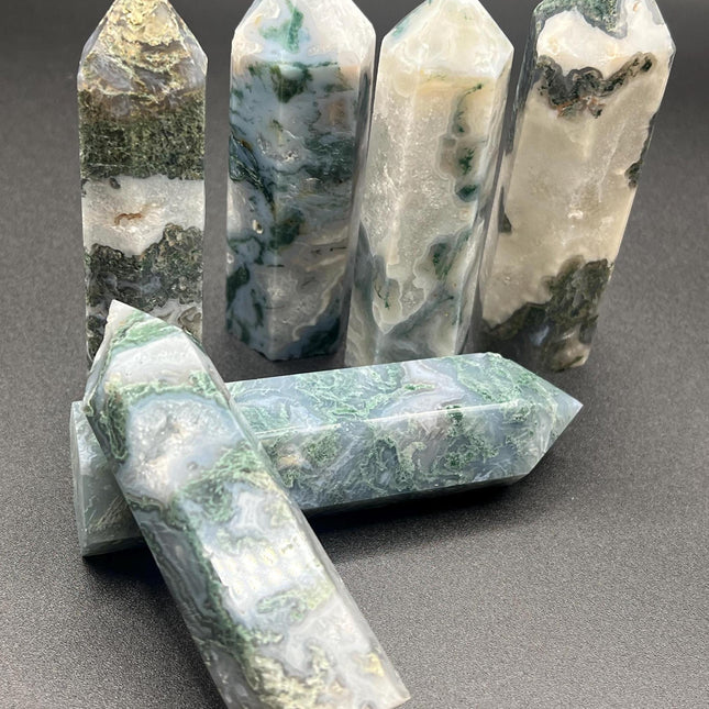 Moss Agate towers-windows into a tiny forest