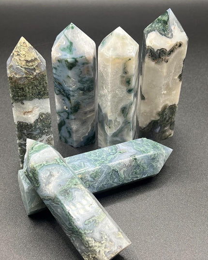 Moss Agate towers-windows into a tiny forest