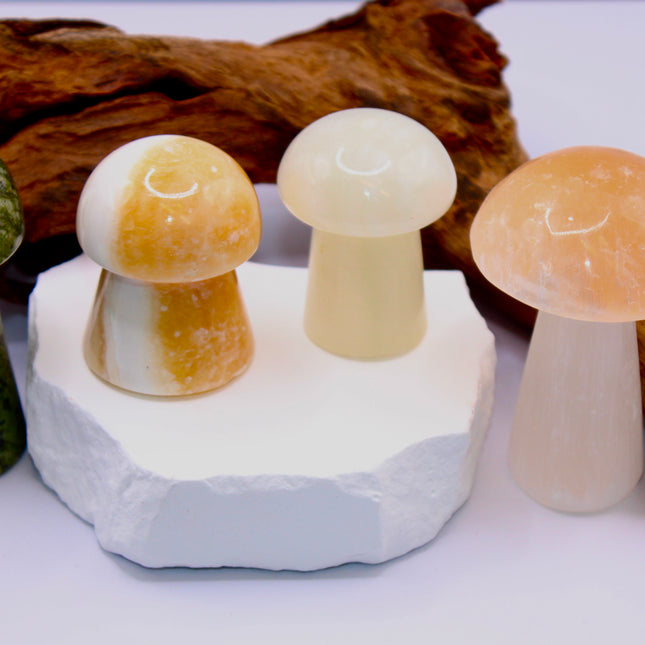 Mango Calcite Mushroom Carving – Natural Stone for Energy Work & Display - Solar Plexus Chakra - EC Plugs