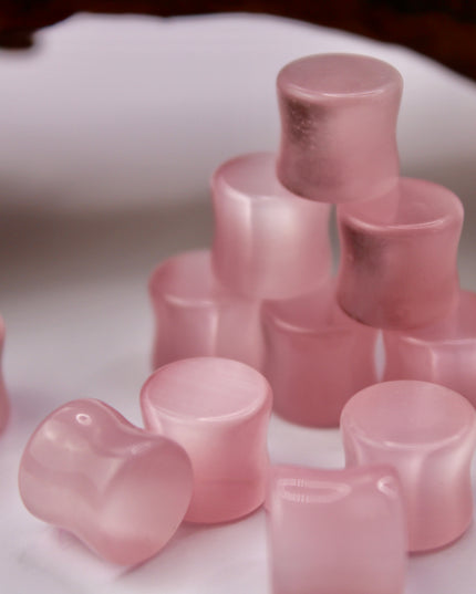 Pink Cat's Eye Glass Plugs Double Flare Pair 3mm-25mm (Half Sizes available!)