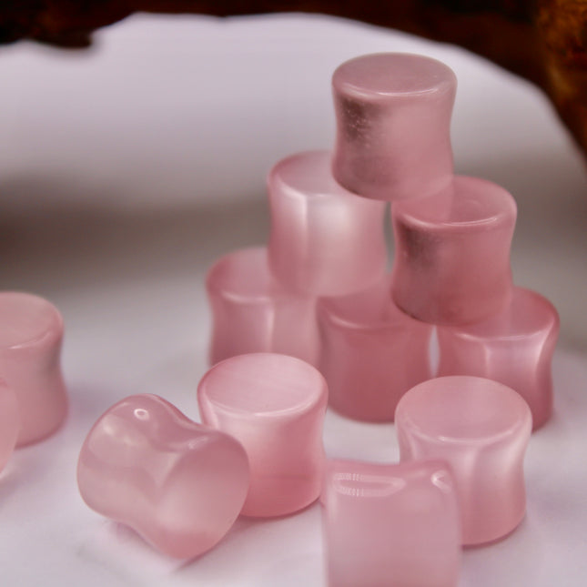 Pink Cat's Eye Glass Plugs Double Flare Pair 3mm-25mm (Half Sizes available!)