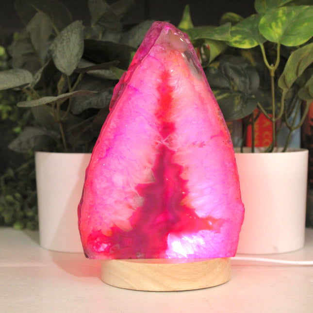 Polished Agate Geode Lamp Pink Lamp with Wooden Light Stand