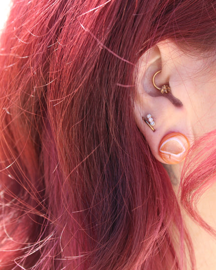 These single flare plugs are carved from genuine Carnelian Agate, showcasing warm, fiery hues and occasional natural banding or translucent zones. Hand-polished to a sleek finish, each plug is smooth and comfortable for everyday wear.