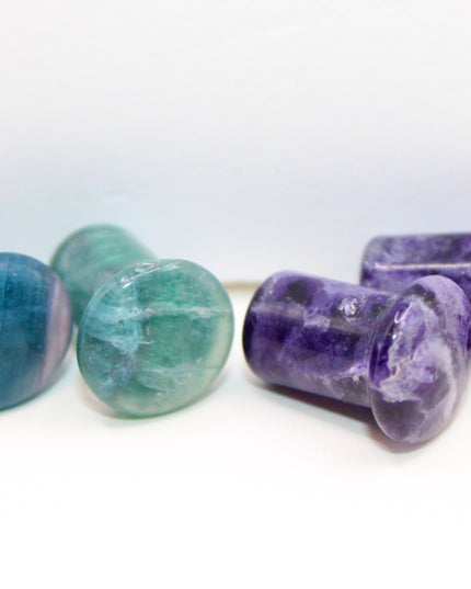 Fluorite Stone Single Flare Plugs Pair of Purple, Green, and Blue Gauges 4mm-25mm
